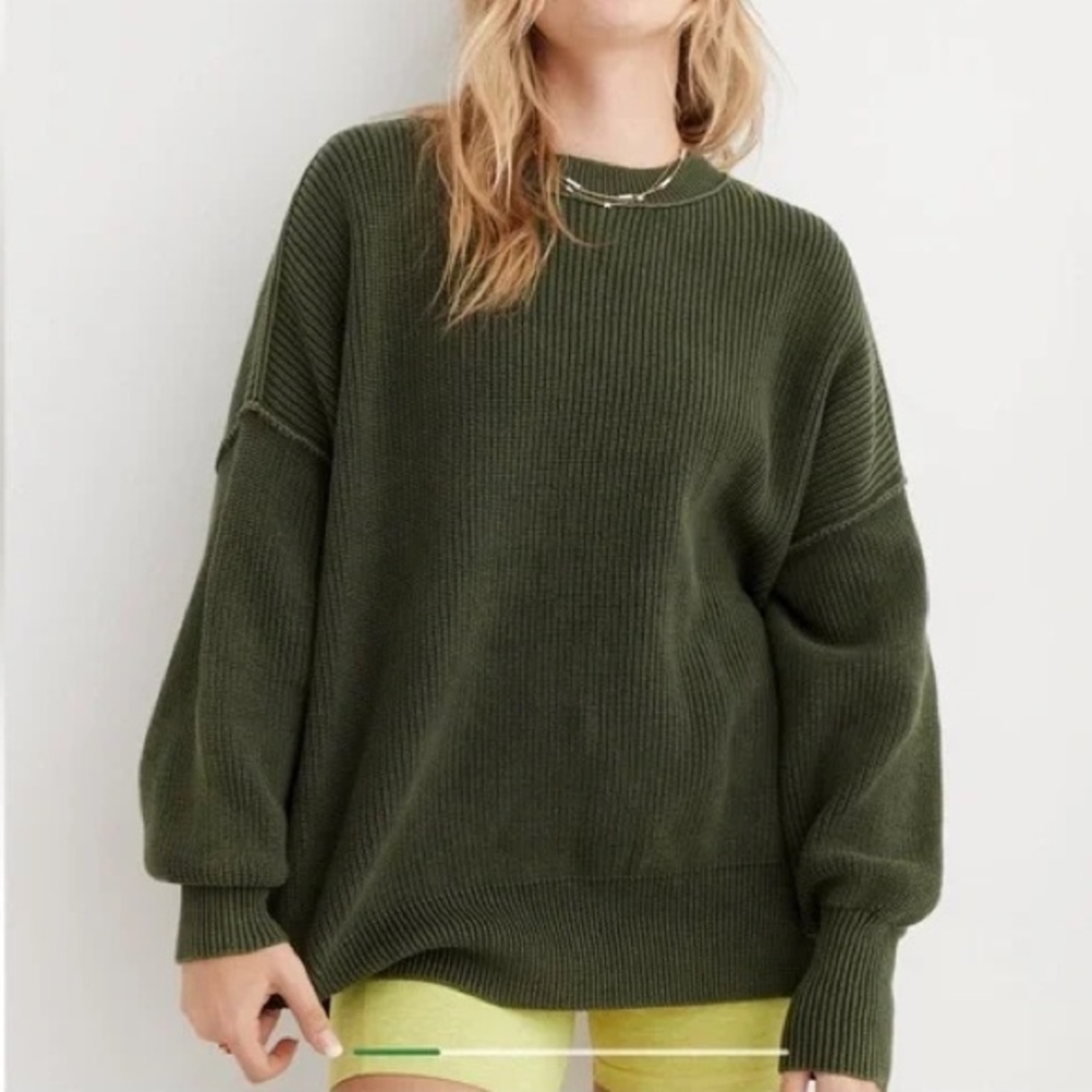 aerie American Eagle Outfitters Nomad Olive Green Cotton Ribbed Sweater